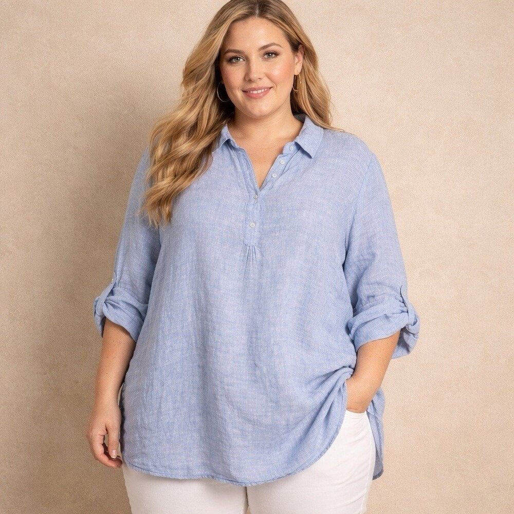 Jones New York 100% Linen Shirt Women's Plus 3X Tunic Popover Roll Tab Sleeve